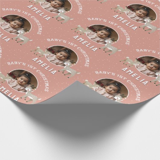 Baby’s 1st Christmas Reindeer Keepsake Photo Cadeaupapier (Hoek)