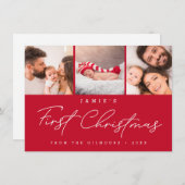 Baby’s First Christmas 3 Photo Collage Script RED Feestdagenkaart (Voorkant / Achterkant)
