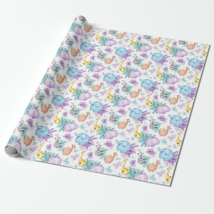 Baby Safari Dieren Giraffe Elephant Zebra Hippo Cadeaupapier