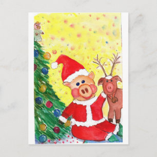 Baby Santa Piglet en Rein-pig beroemd gemaakt door Feestdagenkaart