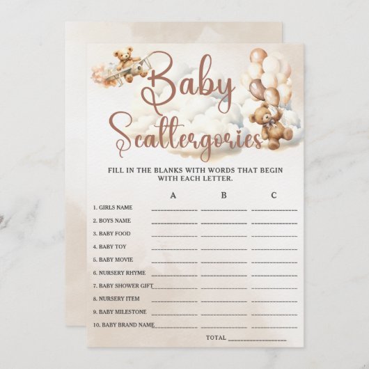 BABY SCATTERGORIES Baby shower Game Schattige Beer Kaart (Voorkant / Achterkant)