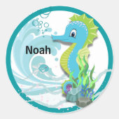 Baby Seahorse | Blue Personalised Round Sticker (Voorkant)