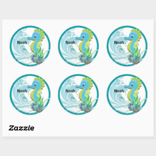 Baby Seahorse   Sticker rond personnalisé bleu