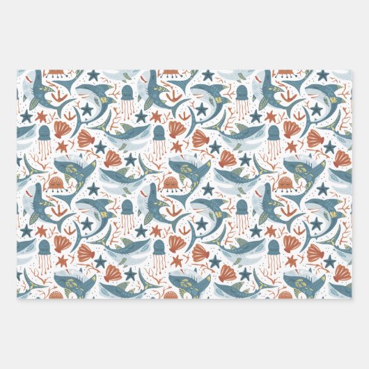 Baby Shark Pattern Wrapping Papiervellen Set van 3 Inpakpapier Vel (Voorkant)