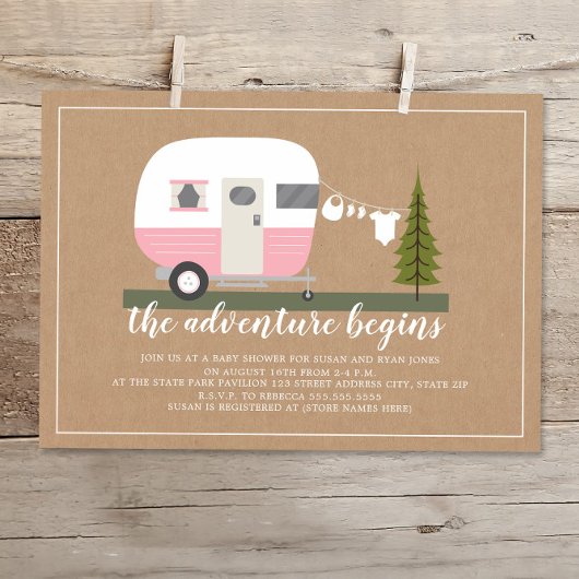 Baby shower Adventure Pink Trailer Camper Woodland Kaart