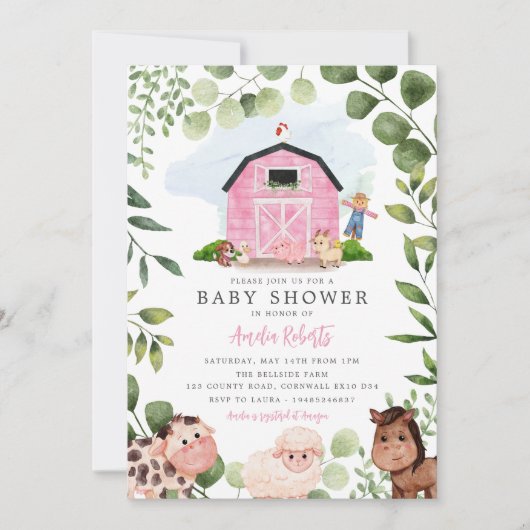Baby shower agricole, Invitation de la grange rose (Devant)