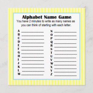 baby shower Alfabet Name Game BINGO Yellow & Blue Kaart