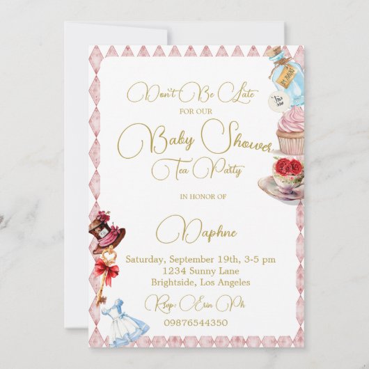 Baby shower Alice In Wonderland Roze Bloemen Kaart (Achterkant)