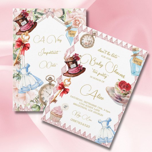 Baby shower Alice In Wonderland Roze Bloemen Kaart