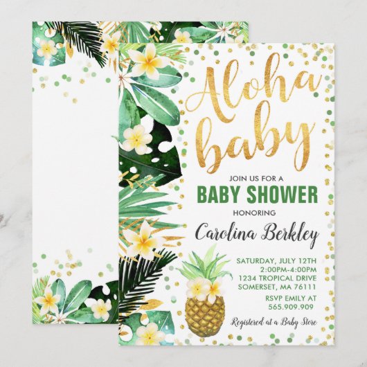 Baby shower Aloha Invitation Baby shower tropical (Devant / Derrière)