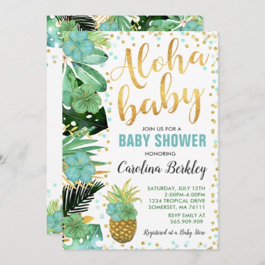 Baby shower Aloha Invitation Baby shower tropical (Devant / Derrière)