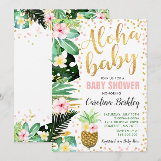 Baby shower Aloha Invitation Baby shower tropical (Devant / Derrière)