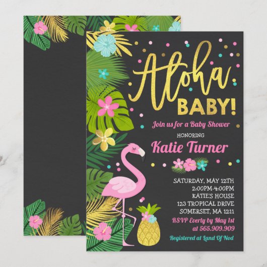 Baby shower Aloha Invitation Baby shower tropical (Devant / Derrière)