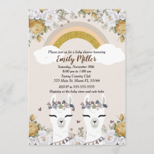 Baby shower Alpaca Twins Invitation Gold