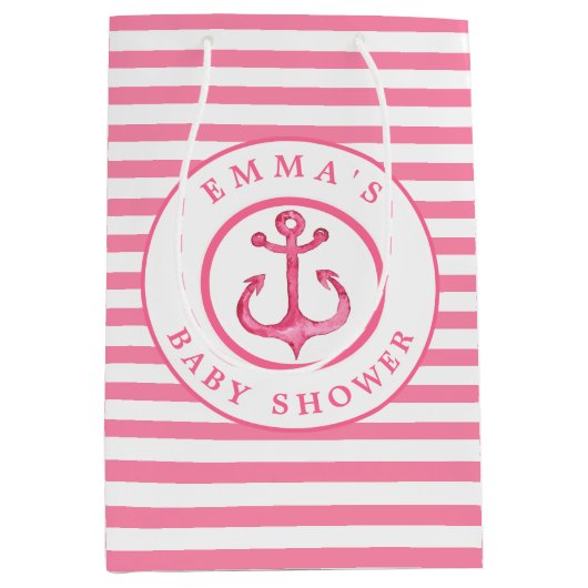 Baby shower Ancre rose nautique Sac cadeau rayé (Devant)