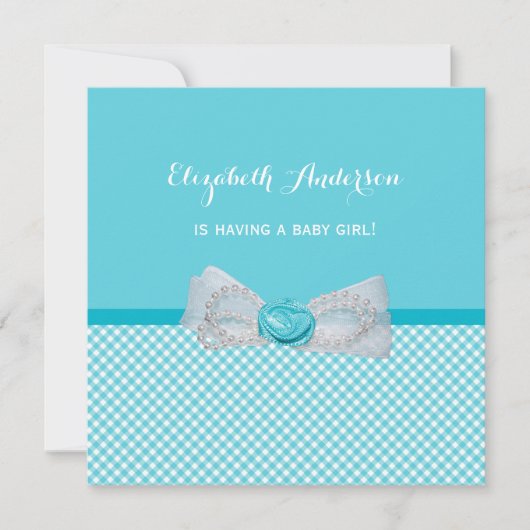 Baby shower  Aqua Gingham Cute Blue Bow Kaart (Voorkant)