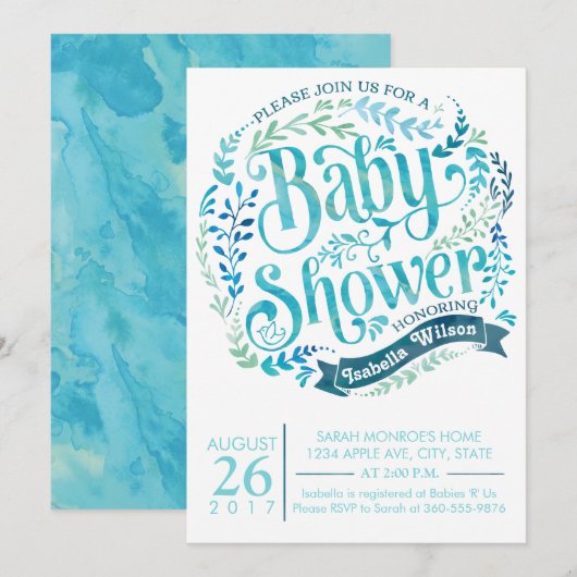 Baby shower Aqua Watercolor Invitation (Devant / Derrière)