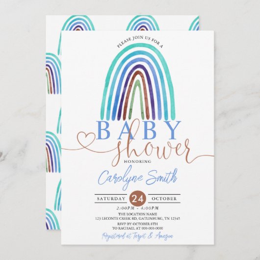 Baby shower arc-en-ciel bleu Boho Invitation (Devant / Derrière)