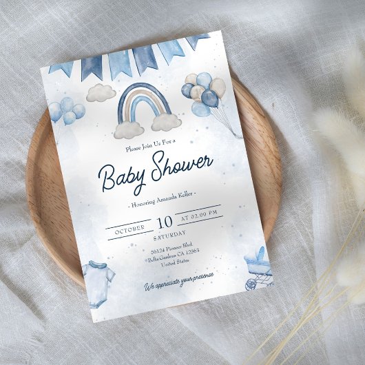Baby shower arc-en-ciel bleu Invitation