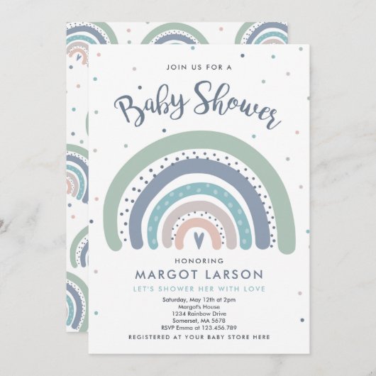 Baby shower arc-en-ciel Invitation Muted Pastel Ra (Devant / Derrière)