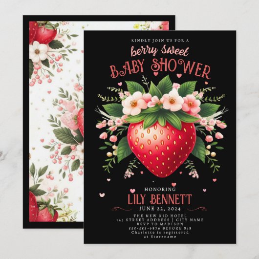Baby shower aux fraises | Berry Sweet Invitation (Devant / Derrière)