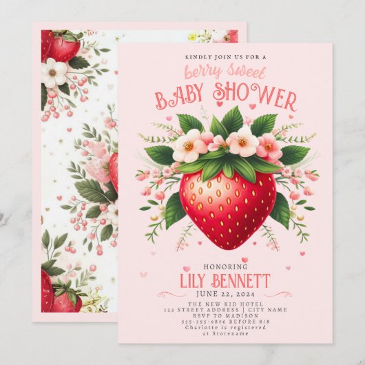Baby shower aux fraises | Berry Sweet Invitation (Devant / Derrière)