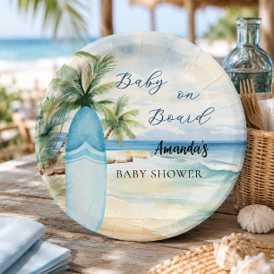Baby shower baby aan boord surfplank papieren bordje