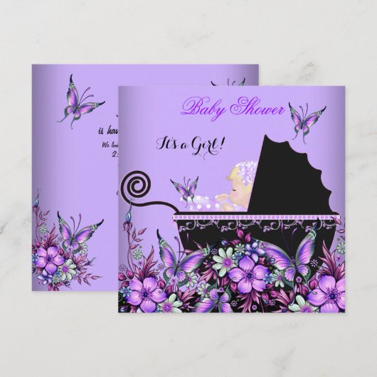 Baby shower Baby Blonde Girl Paarse Butterfly Kaart (Voorkant / Achterkant)