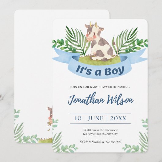 Baby shower Baby Boy Cute Cow Invitation (Devant / Derrière)