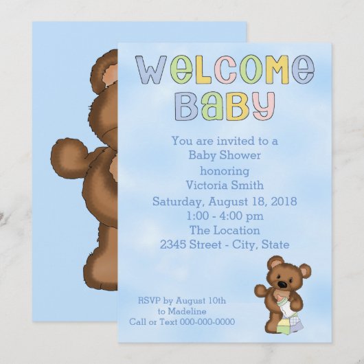 Baby shower Baby Boy Teddy Bear Kaart (Voorkant / Achterkant)