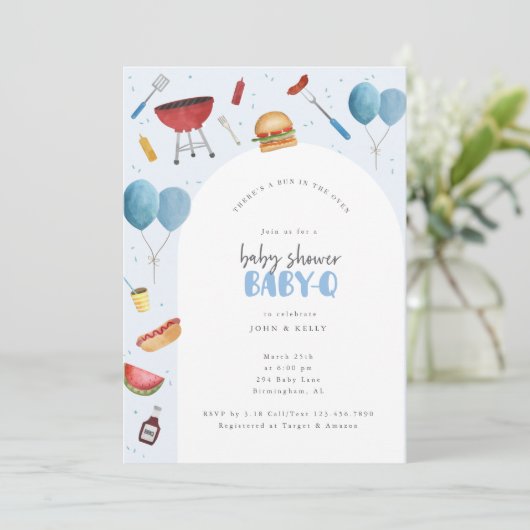 Baby shower Baby-Q (BBQ) pour invitation bébé garç (Debout devant)