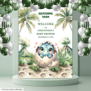 Baby shower Banner Hatching Soon Blue Dinosaur Wandkleed