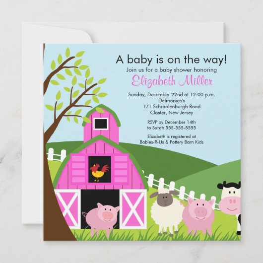 Baby shower Barnyard Animals Invitation pour fille (Devant)