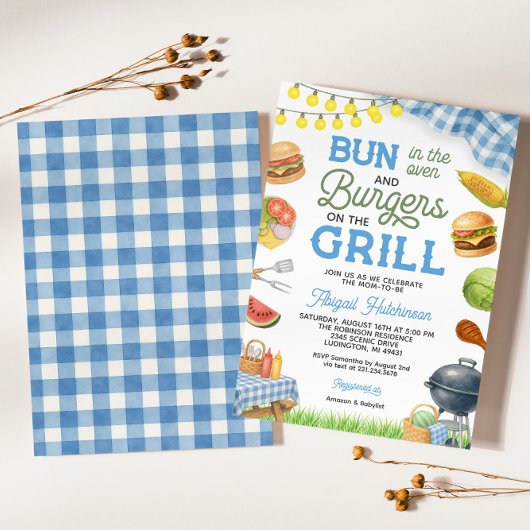 Baby shower BBQ Bleu Invitation - Bun dans le four
