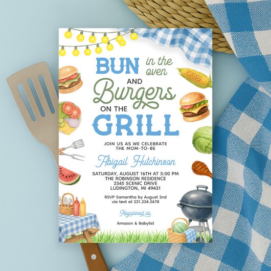 Baby shower BBQ Bleu Invitation - Bun dans le four