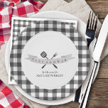 Baby shower BBQ Vintage Typographie Gris Plaid<br><div class="desc">Plaques de papier Baby shower barbecue en gris et blanc neutre pour le genre. Le modèle a une formulation entièrement modifiable et les éléments design sont parfaits pour un baby shower barbecue, un baby shower de jardin, un pique-nique extérieur, etc. Cette charmante décoration rustique présente une typographie vintage et des...</div>