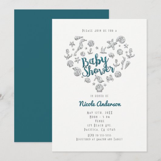 BABY SHOWER Beach Glam Diamond Heart Invitations (Devant / Derrière)