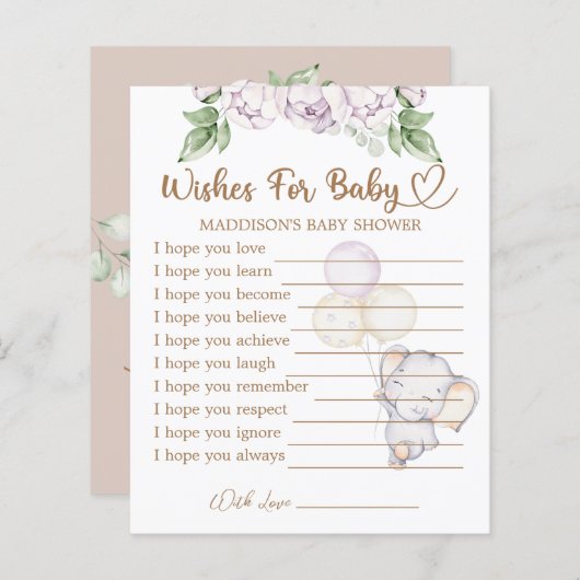 Baby shower bébé éléphant souhaits pour la carte b (Devant / Derrière)