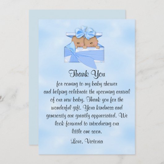 Baby shower bedankt dat het Twins Boy is Kaart (Voorkant / Achterkant)