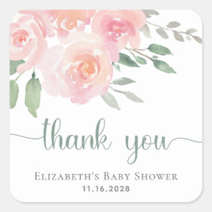 Baby shower Bedankt Roze Bloemen Waterverf Vierkante Sticker