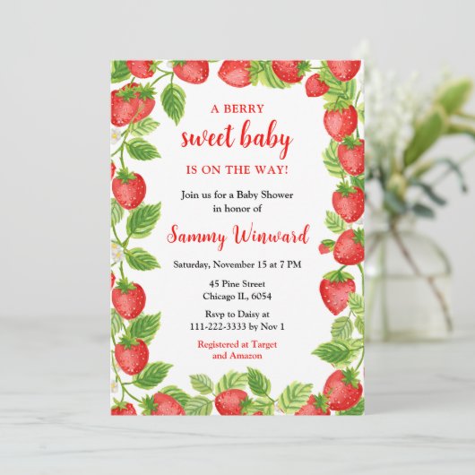 Baby shower Berry Sweet Strawberries Kaart (Staand voorkant)