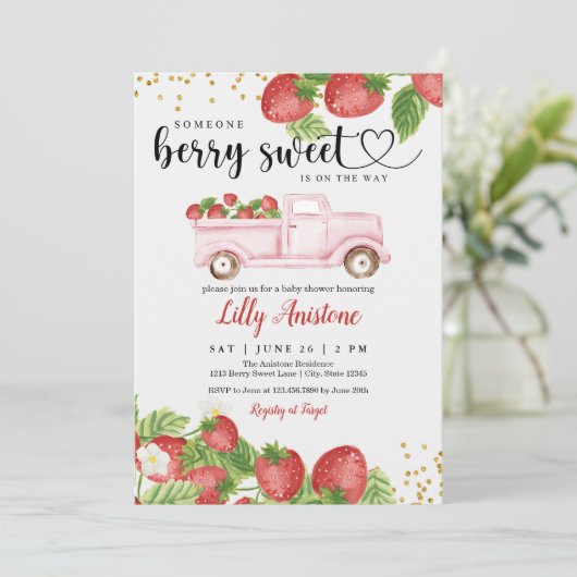 Baby shower Berry Sweet Strawberry Invitation (Debout devant)