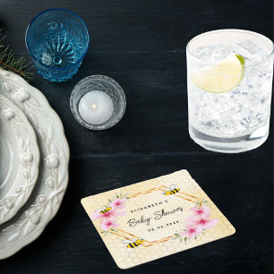 Baby Shower bijen honingraat roze bloemen Vierkante Kartonnen Onderzetter