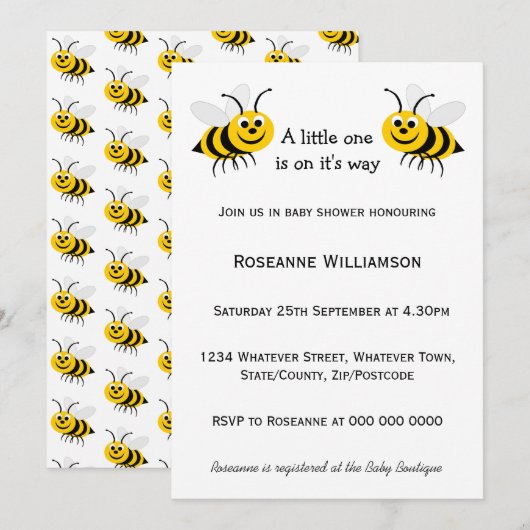 Baby shower bijenontwerp kaart (Voorkant / Achterkant)