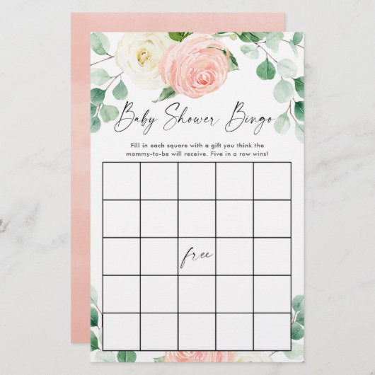 Baby shower bingo blush roze witte groen (Voorkant / Achterkant)