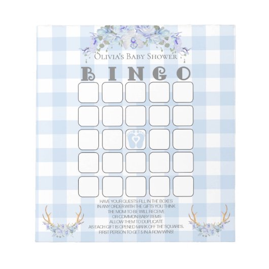 Baby shower Bingo BOHO Baby Blue Gingham Notitieblok (Voorkant)