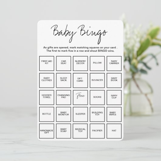 Baby Shower Bingo Cards, Unique Prefilled Baby Bin Kaart (Staand voorkant)
