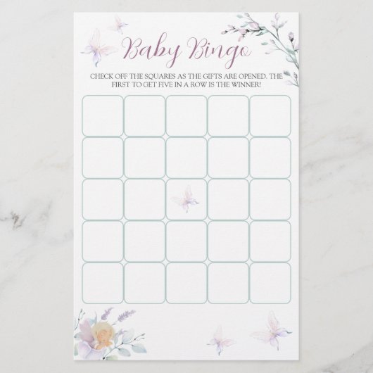 Baby shower Bingo game Waterverf Butterfly Flower  (Voorkant)