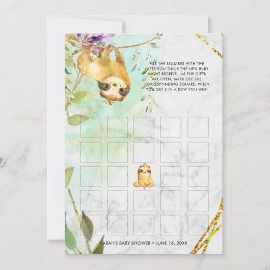 Baby shower Bingo Kaart | Tropische luiaard (Voorkant)