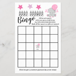 Baby shower Bingo Pink Elephant Girl Game Kaart